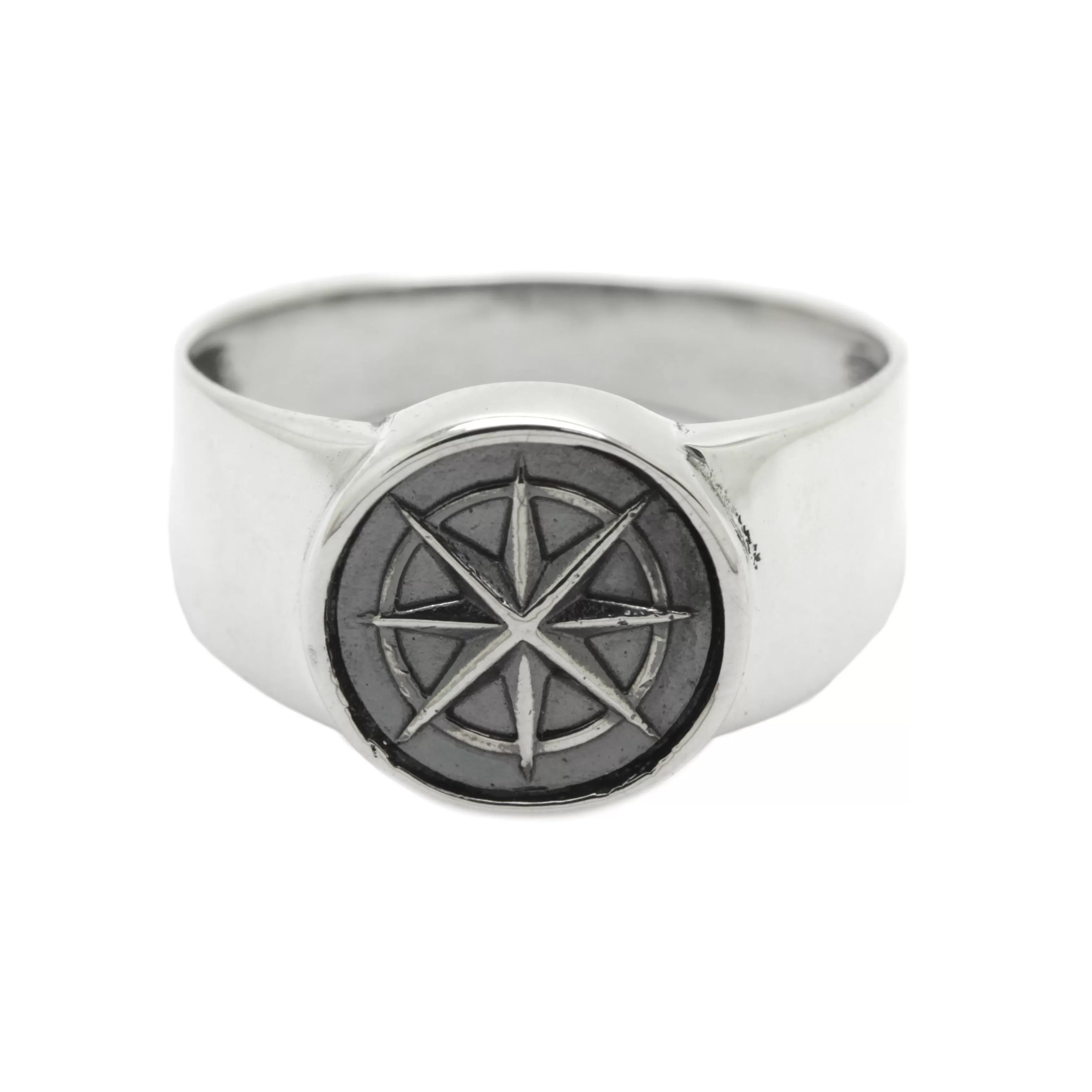 Windrose Ring Sea Compass Light Pinky Round Top Sterling Silver Signet