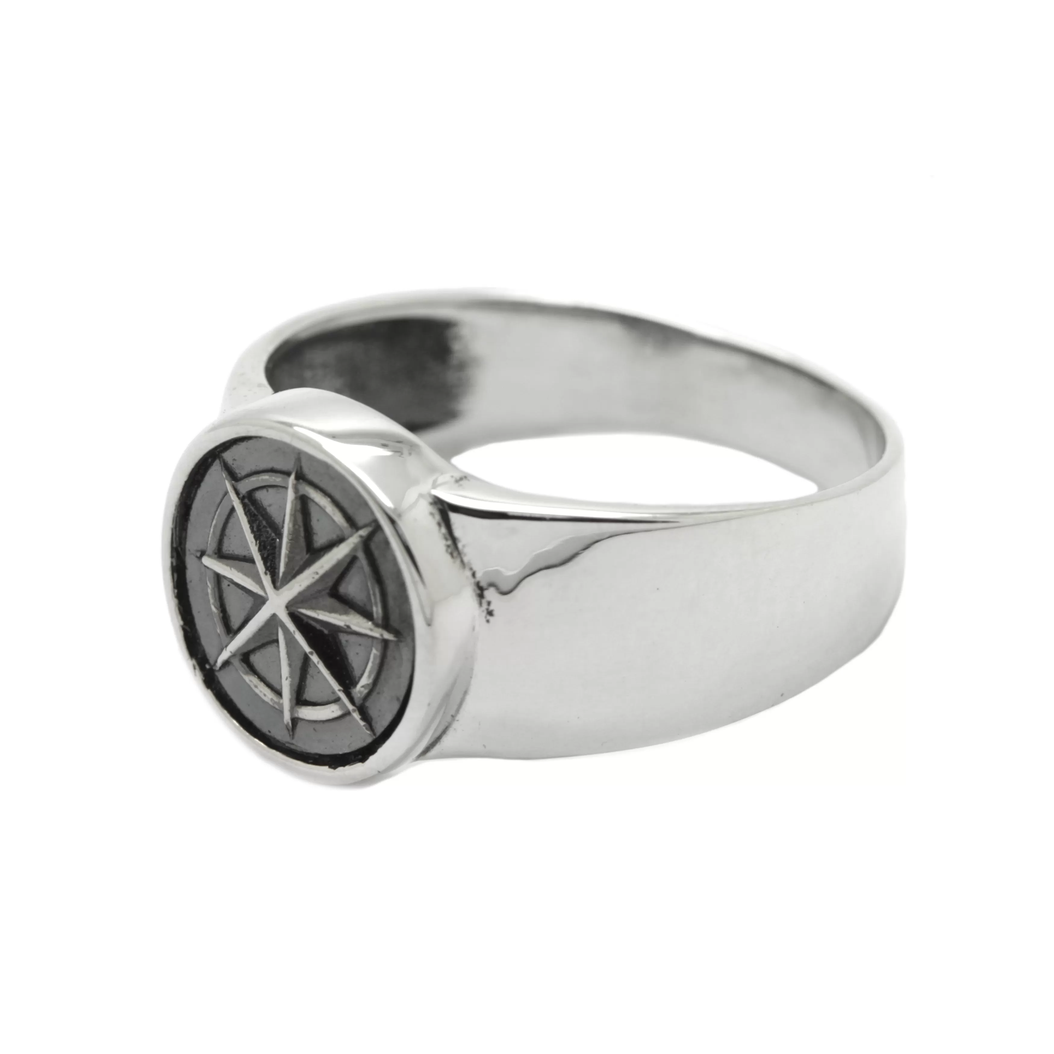 Windrose Ring Sea Compass Light Pinky Round Top Sterling Silver Signet