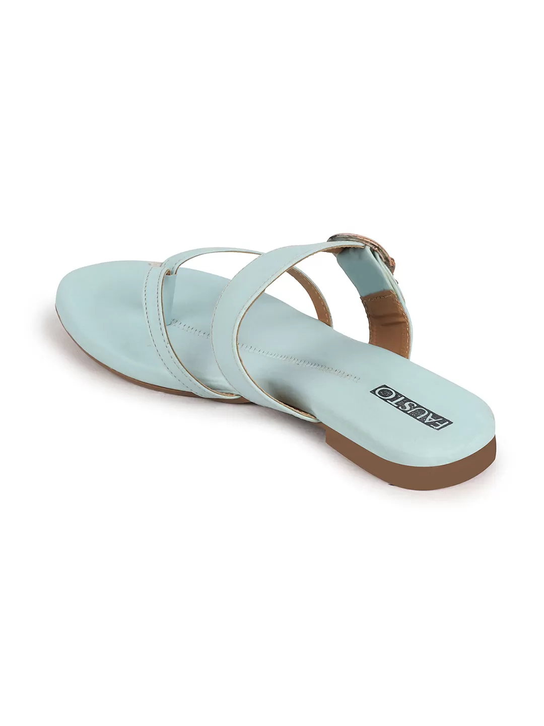 Women Sky Blue Party Chrome Design Buckle Strap Thong Slip On Flats Slipper